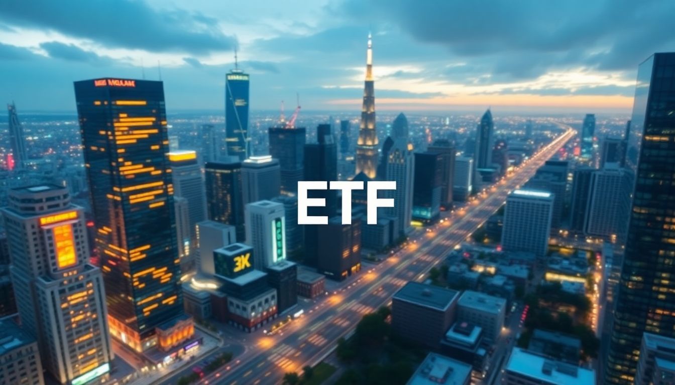 An image featuring a futuristic cityscape with AI technologies integrated into daily life, showcasing the ETF's potential.
