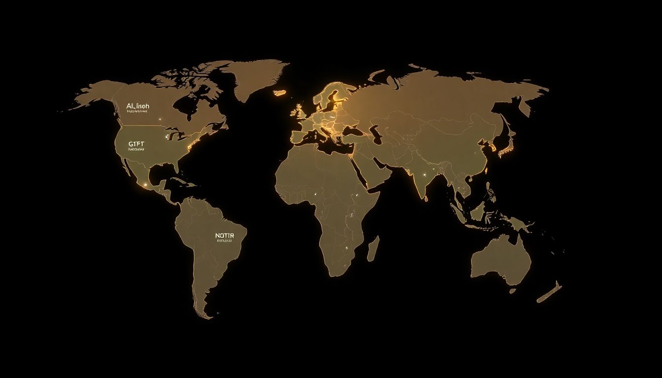 An image depicting a global map with AI-driven industries highlighted, representing the ETF's international reach.