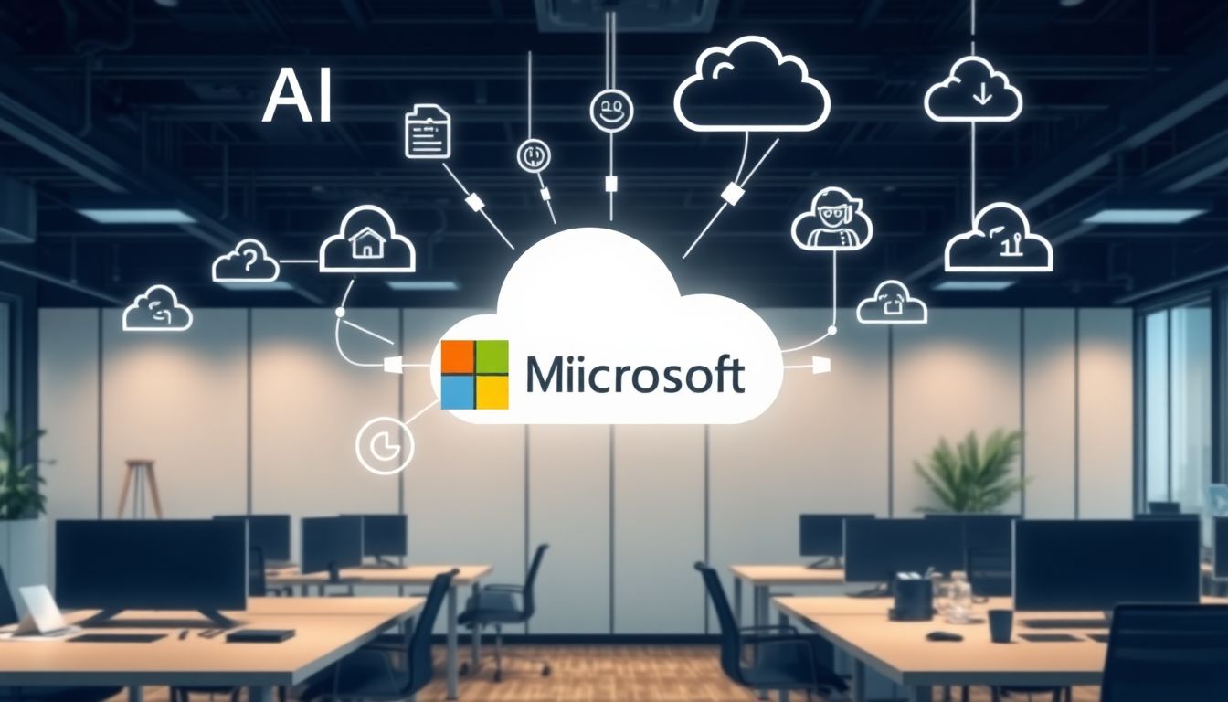 Generate an image of a modern office with AI-powered assistants, cloud computing symbols, and Microsoft's logo prominently displayed, representing the integration of AI into everyday business operations.