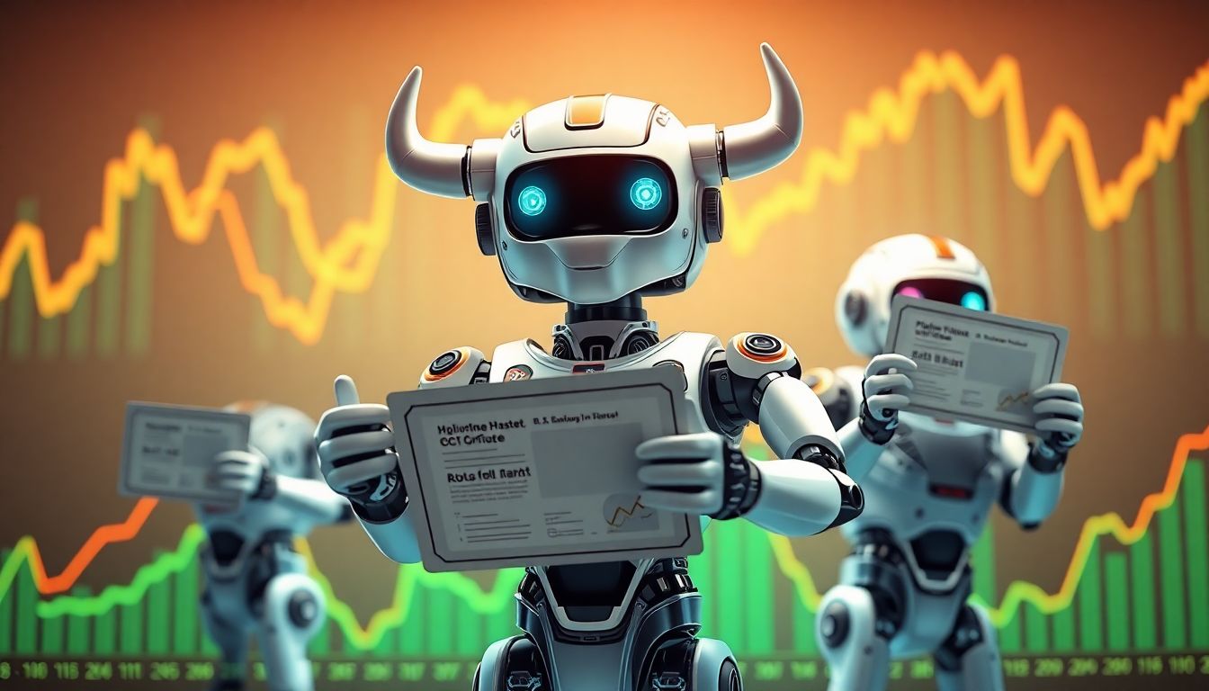 Create an image of a bull market with AI-powered robots holding stock certificates, surrounded by graphs showing upward trends, representing the potential for growth and prosperity.
