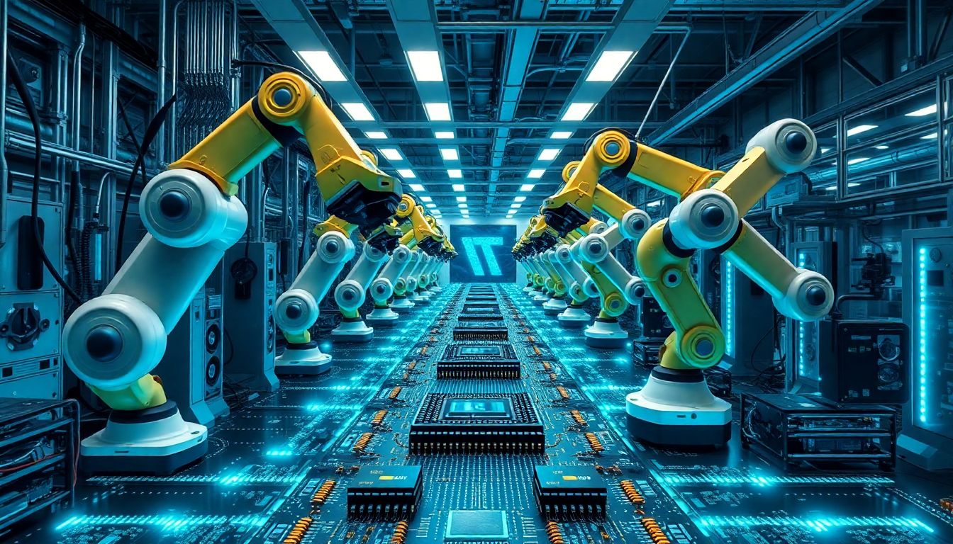 Create an image of a semiconductor fabrication plant with advanced robotic arms and high-tech machinery, surrounded by circuits and AI-optimized chips.
