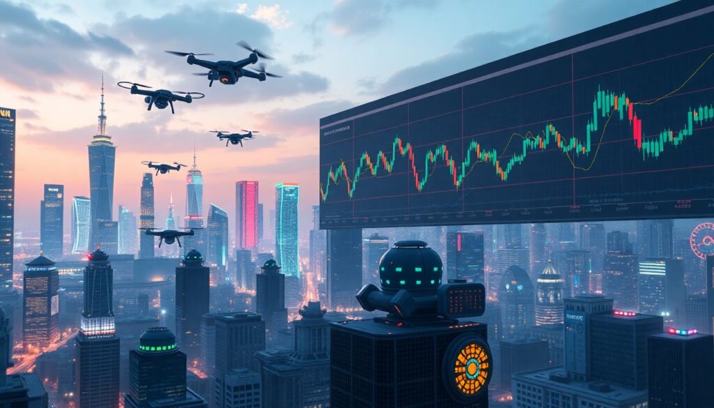 Generate an image of a futuristic cityscape with AI-powered robots and drones, with stock market graphs and charts in the background, representing the intersection of technology and finance.