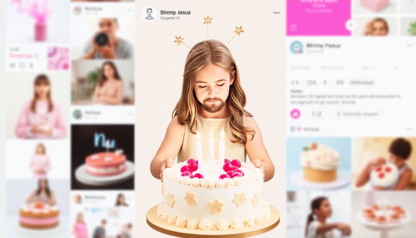 Generate an image of a social media feed filled with AI-generated content, including 'Shrimp Jesus' and children baking elaborate cakes.