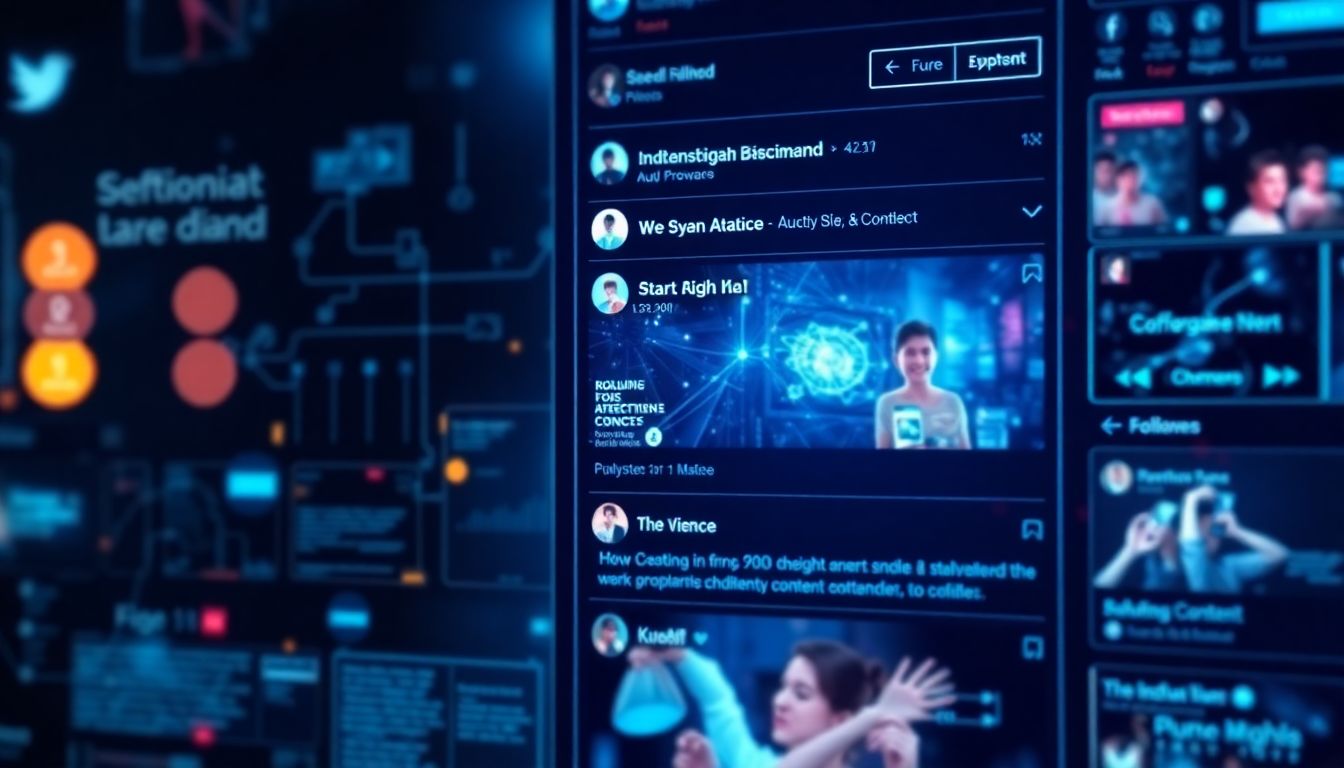 Generate an image of a futuristic social media feed with a balance of AI-generated and human-created content.