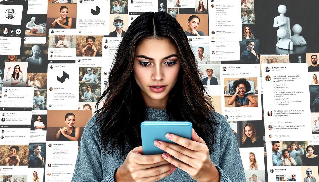 Create an image showing a user scrolling through a social media feed cluttered with AI-generated content, looking overwhelmed.