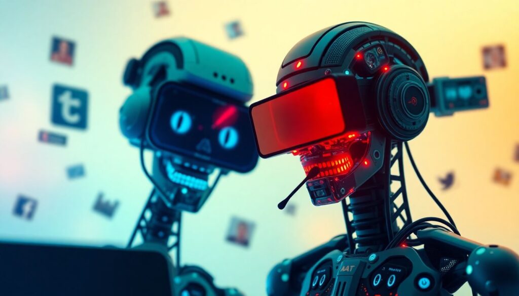 Create an image that captures the essence of AI-generated content taking over social media feeds, with a mix of bizarre and humorous elements.