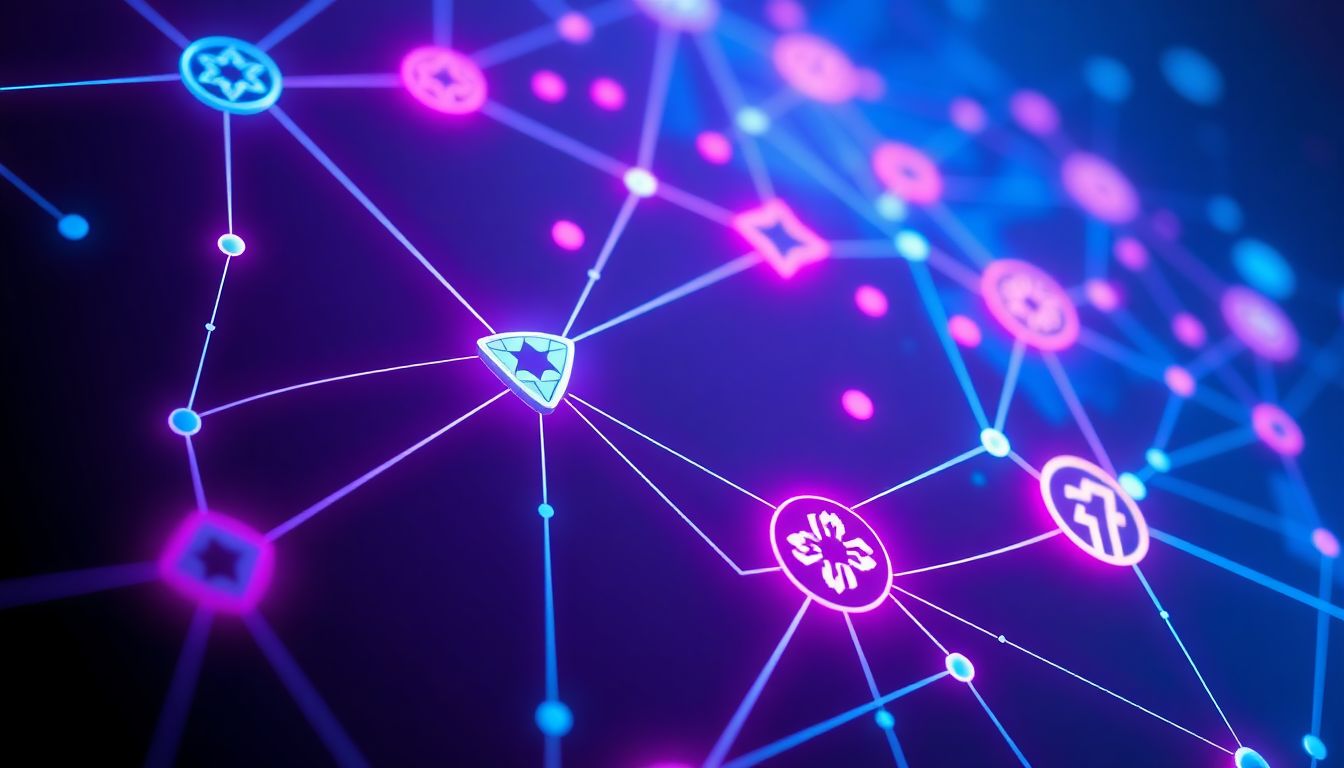 Design a visual with the logos of the new tokens interconnected in a futuristic, neon-lit network.