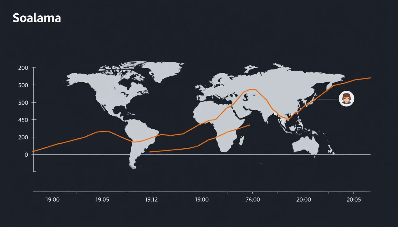 Illustrate a graph showing Solana's value fluctuations with political and AI elements surrounding it.