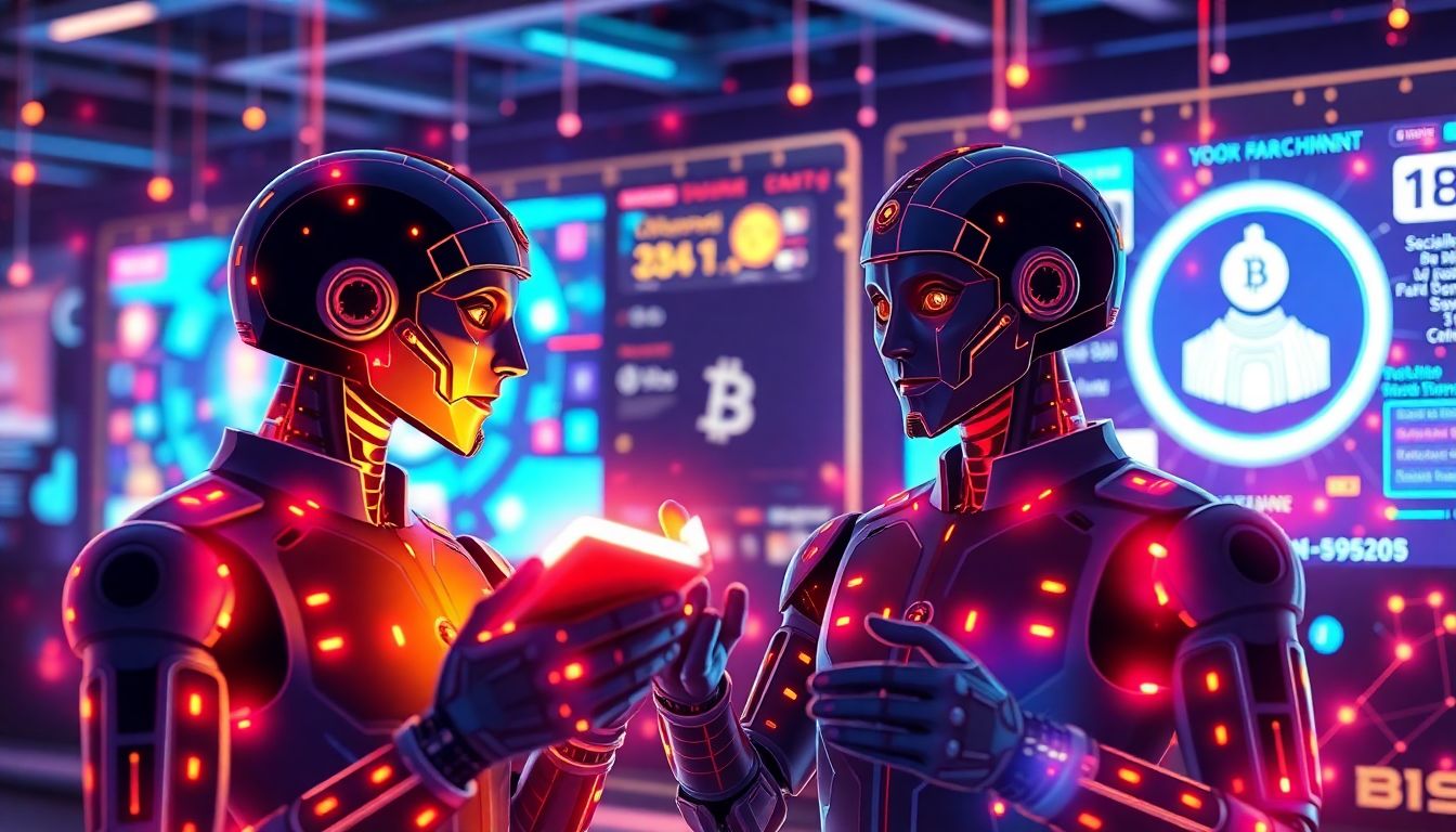 Create an image of AI agents interacting with crypto wallets and social media platforms in a vibrant, digital environment.