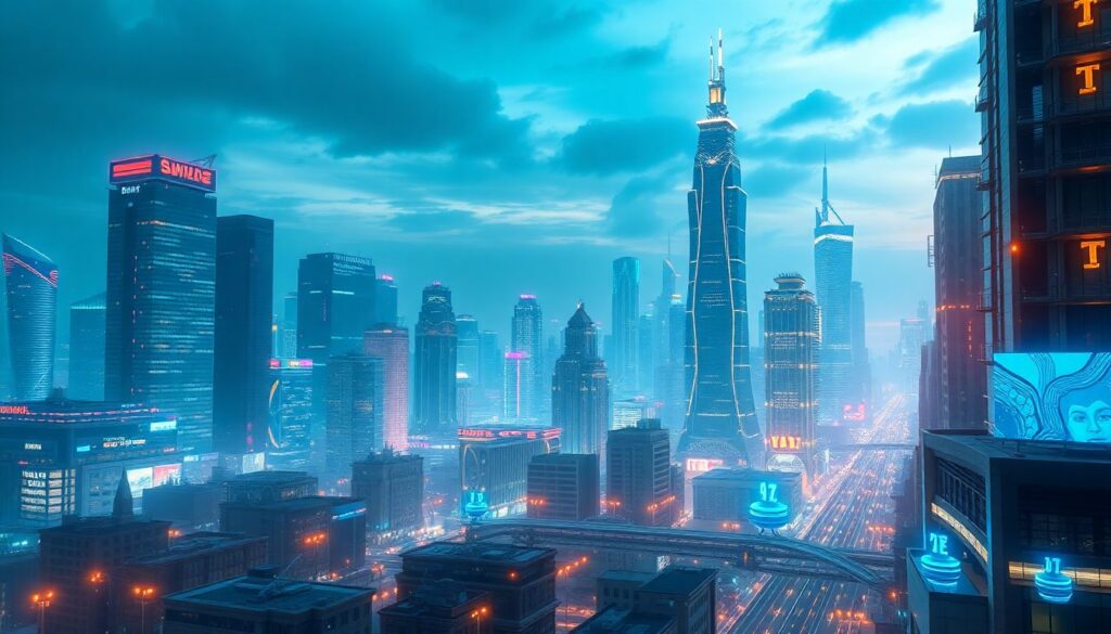 Create an image of a futuristic cityscape with digital currencies and AI agents interacting, representing the intersection of crypto and AI.