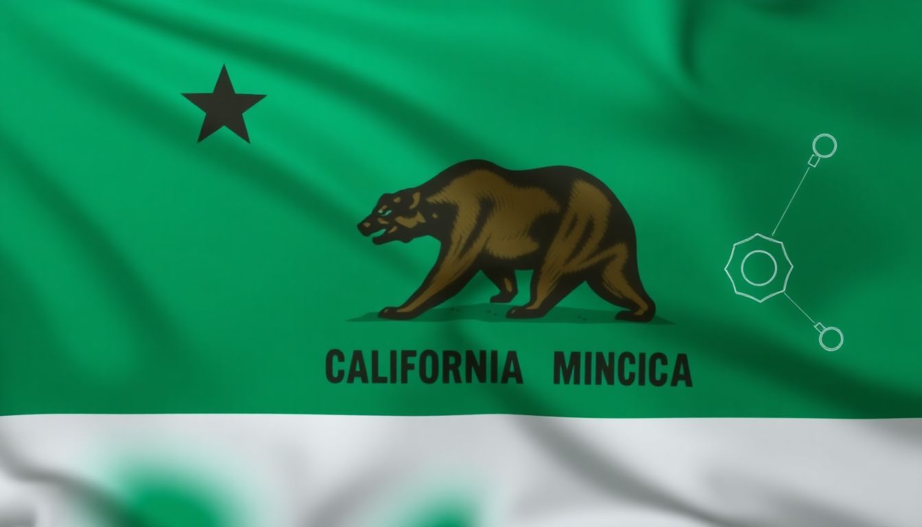 Create an image of the California state flag with AI-related symbols like neural networks and digital interfaces, representing the state's pioneering role in AI regulation.