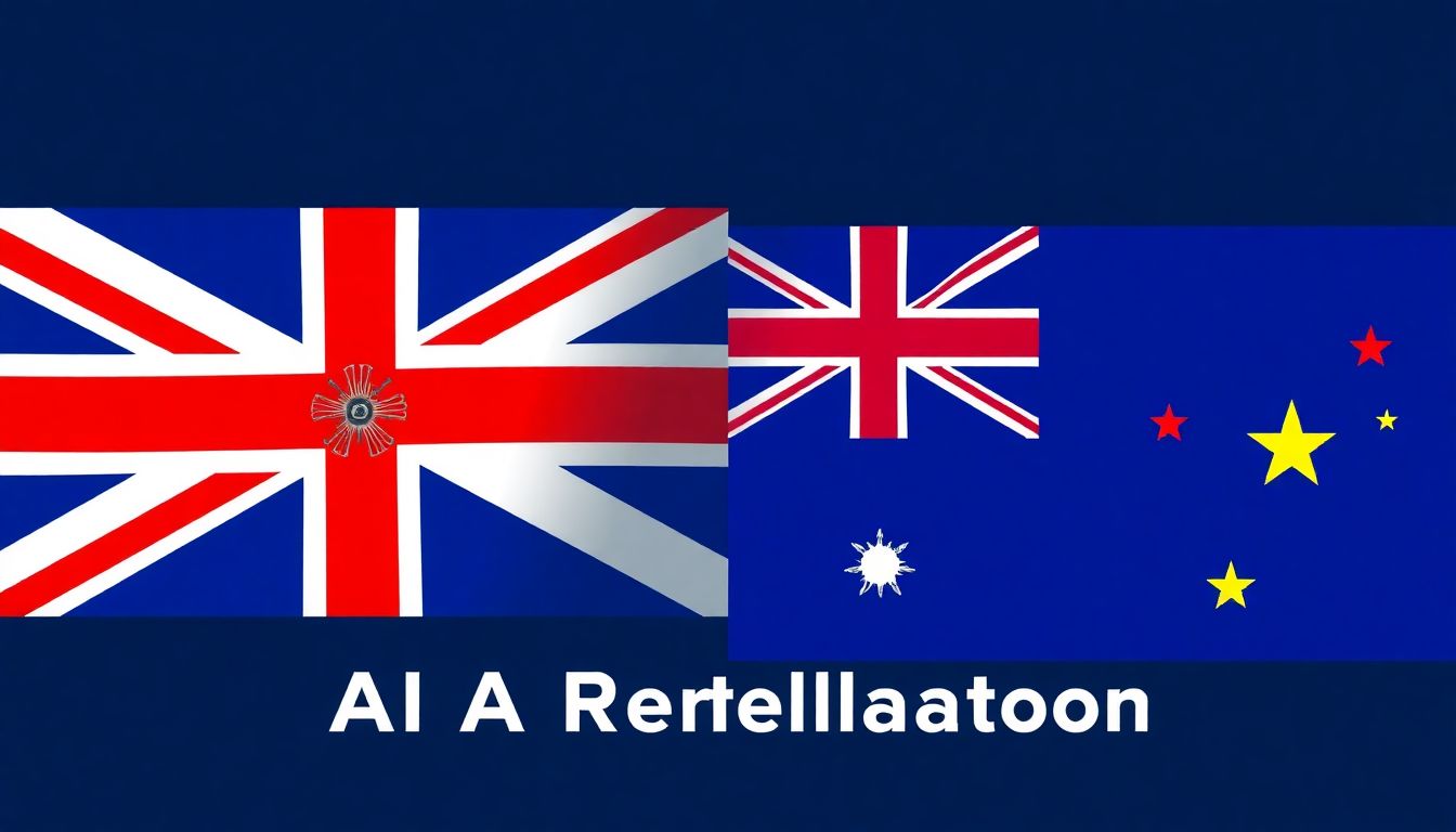 Design an image featuring the flags of the U.K. and Australia with AI icons such as circuit boards and data flows, illustrating their commitment to AI regulation.