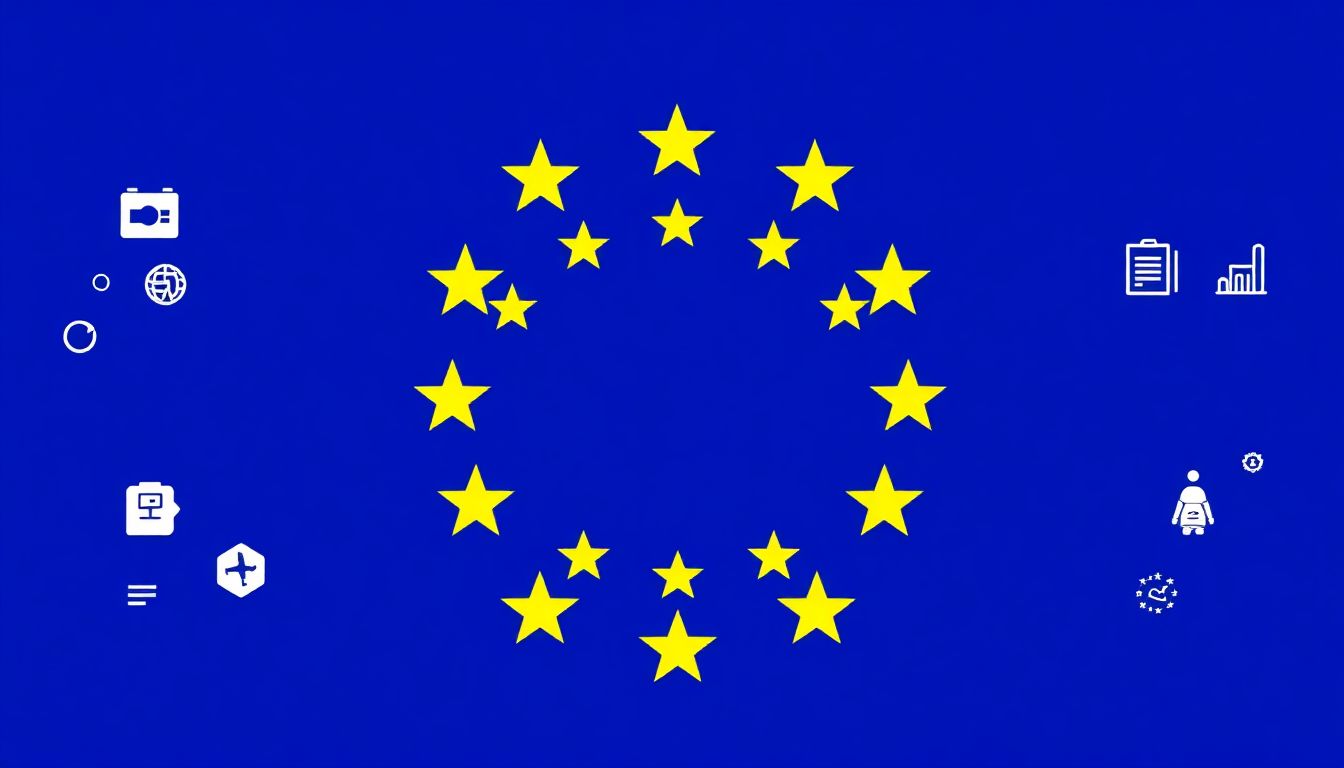 Design an image of the EU flag with AI-related icons such as robots, algorithms, and data charts surrounding it, symbolizing the EU's leadership in AI regulation.