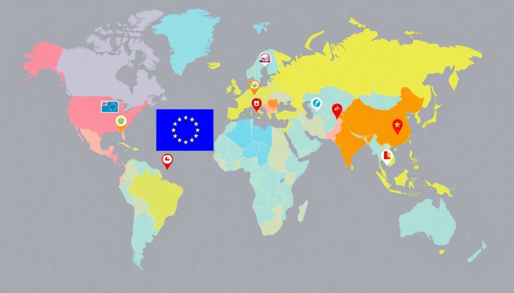 Create an image of a global map with various AI regulation icons scattered across different countries, highlighting key regions like the EU, California, the U.K., and Australia.