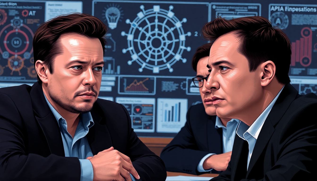 Create an image showing Elon Musk and the OpenAI founders in a tense meeting, with AI diagrams and charts in the background.