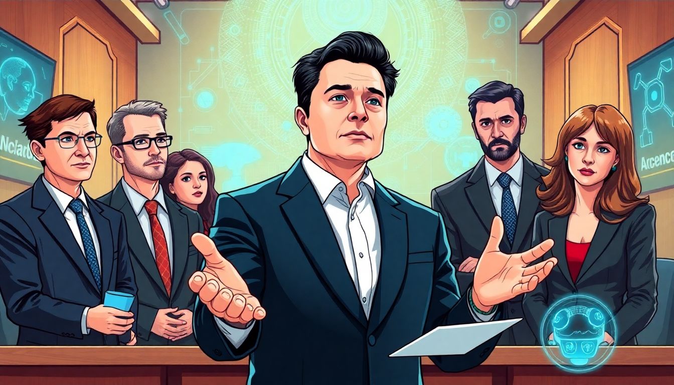 Illustrate a scene where Musk is flanked by tech investors and advocates, presenting their case in a courtroom with futuristic AI visuals.