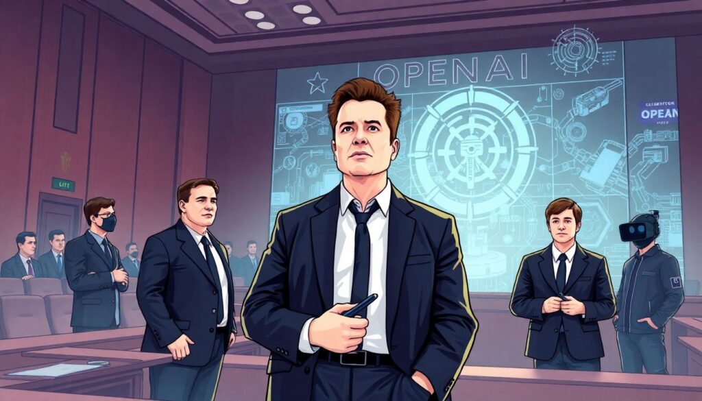 Generate an illustration depicting Elon Musk and his allies standing firm against OpenAI in a courtroom setting, with AI-generated visuals and tech elements surrounding them.