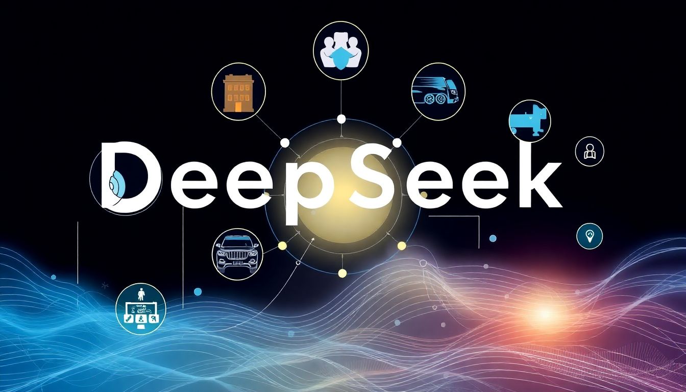 Illustrate the widespread impact of DeepSeek's AI training on various industries, with visuals of healthcare, automotive, and other sectors benefiting from their technology.