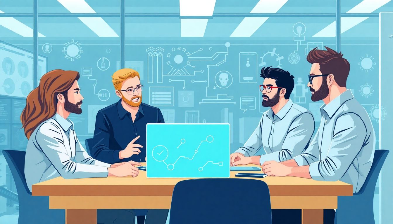 Create an illustration of the founding team of DeepSeek brainstorming in a modern office setting, surrounded by AI models and cutting-edge technology.