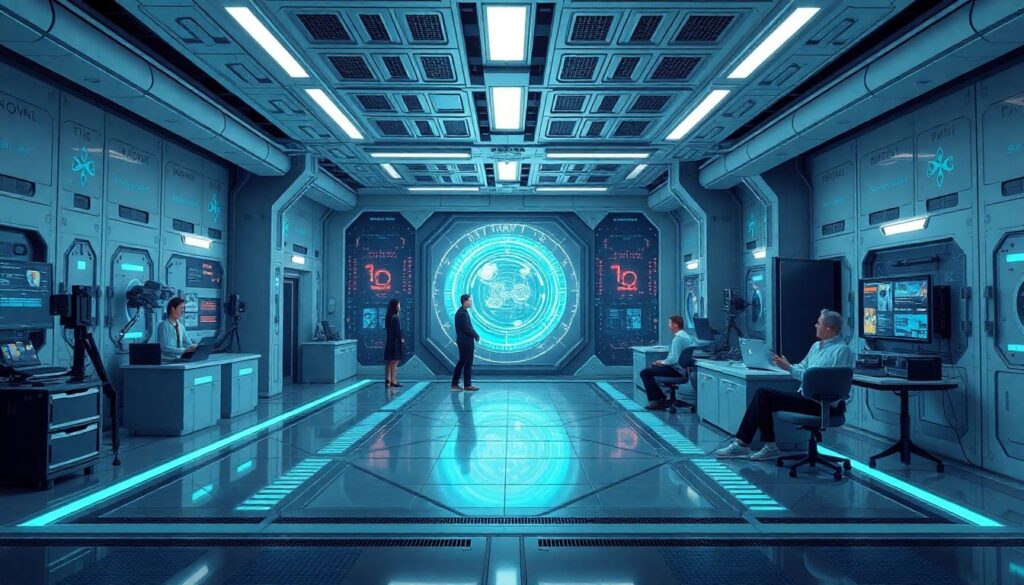 Generate an image of a futuristic AI training facility with advanced technology and a team of innovative scientists working together.