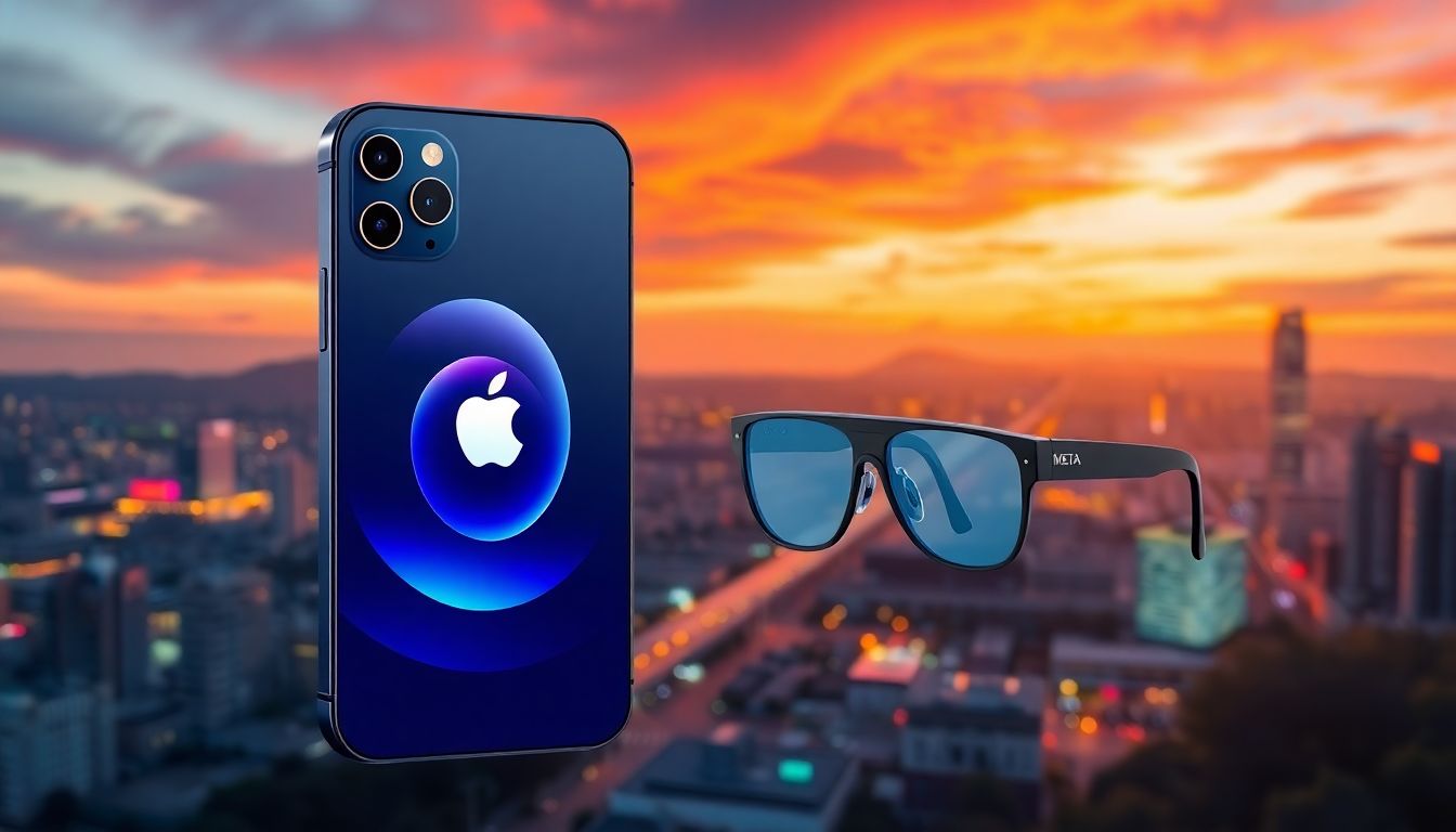 Generate an image of Apple's futuristic AI-enhanced iPhone and Meta's AI-powered smart glasses, with a bustling Silicon Valley background.