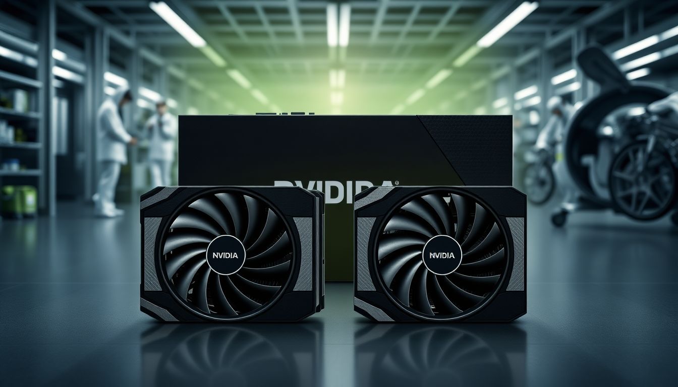 Generate an image of Nvidia's powerful GPUs and developer kit, with a healthcare and automotive industry backdrop.