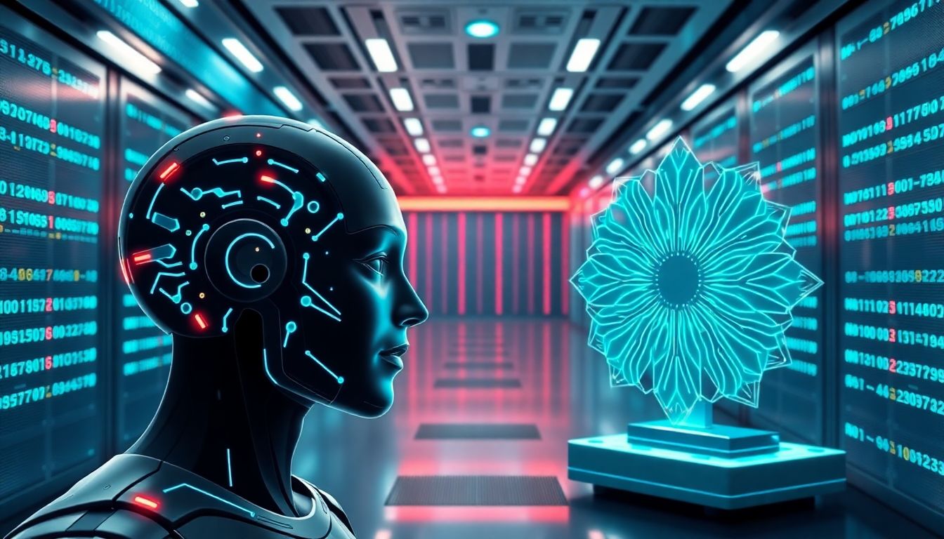 Create an image of Google's advanced AI model Gemini 2.0 and quantum processor Willow, with a futuristic data center backdrop.