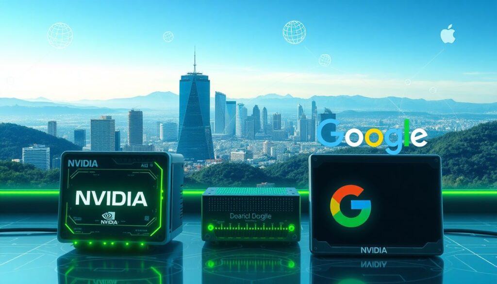Create an image showcasing futuristic AI hardware from Nvidia and Google, with a backdrop of Silicon Valley and global industry icons like Apple and Meta, highlighting the interconnectedness and innovation driven by AI.
