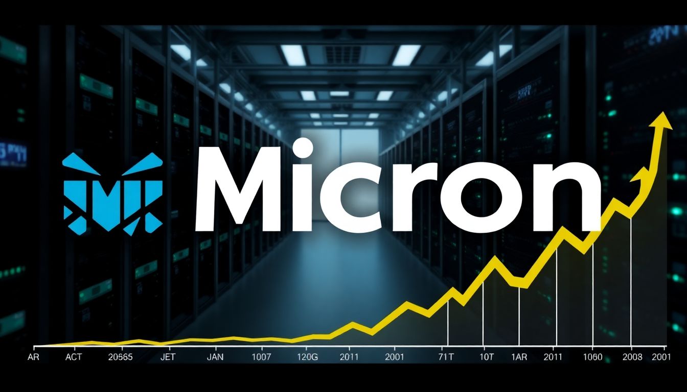 Design an image featuring Micron Technology's logo, memory chips, and AI servers, with a graph showing potential stock growth.