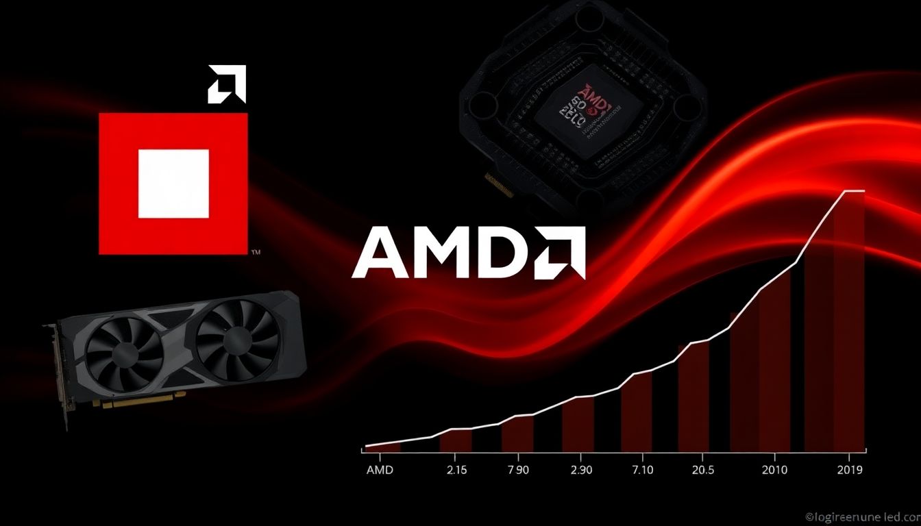 Create an image showcasing AMD's logo, GPUs, and AI accelerator chips, with a chart illustrating projected revenue growth.