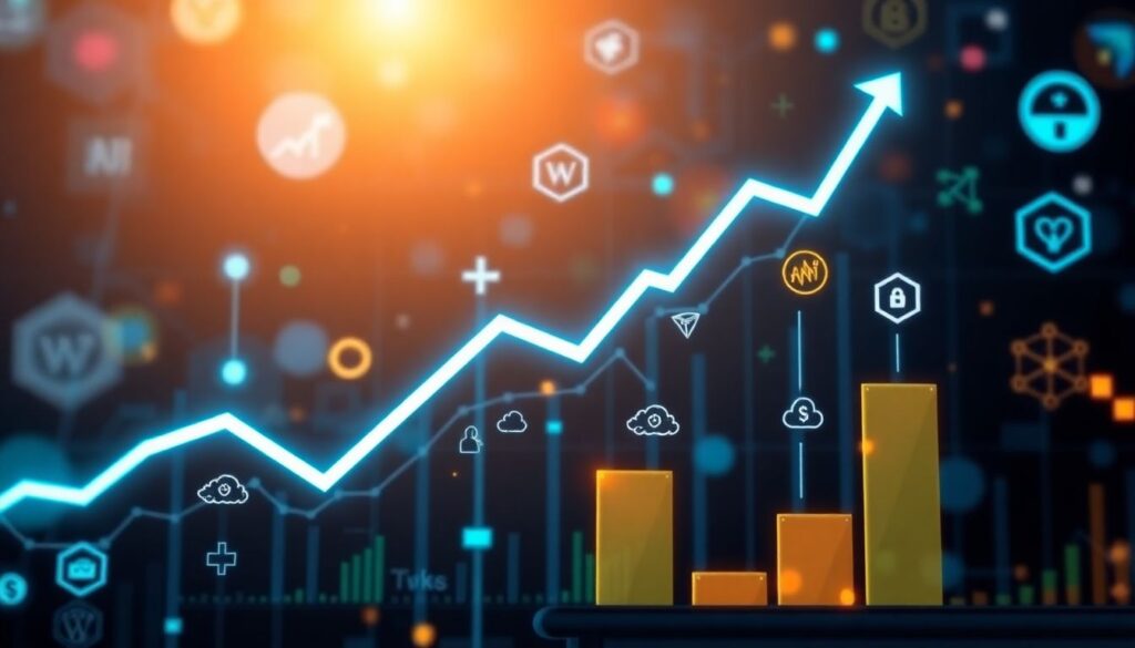 Create an engaging image that showcases the potential growth of AI stocks, highlighting the three companies discussed in the article. Include elements like rising stock charts, AI technology icons, and a futuristic theme to capture the excitement and potential of these investments.