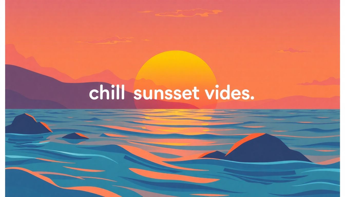A playful illustration of a user typing 'chill sunset vibes' into Supermusic AI Pro and the AI generating a beautiful, relaxing song.