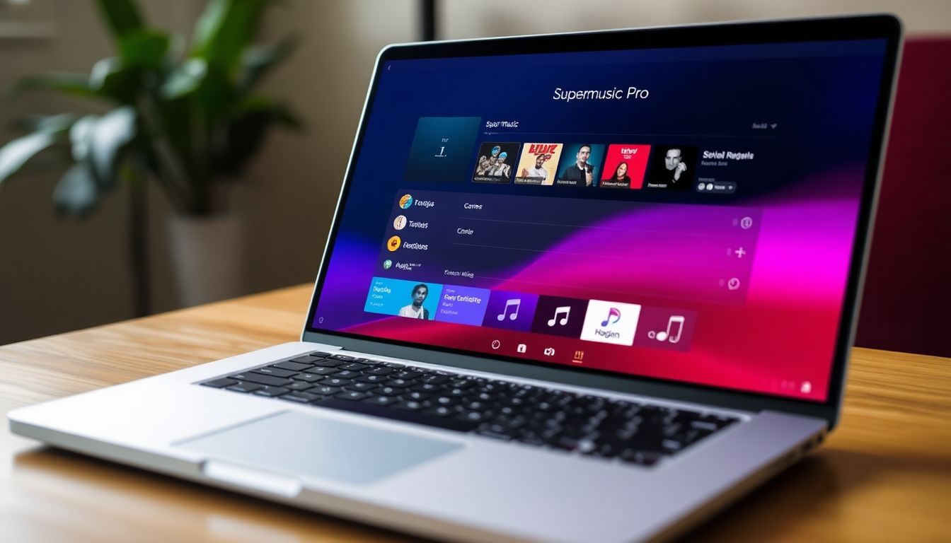 A sleek, user-friendly interface of Supermusic AI Pro on a laptop screen, with various music genres and settings visible.