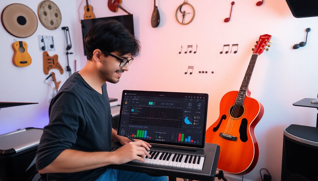 A lively scene of a user experimenting with different music styles and settings on Supermusic AI Pro, with various instruments and genres surrounding them.