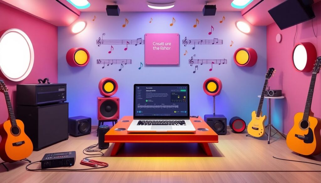 A vibrant, futuristic music studio with a laptop at the center, surrounded by musical notes and instruments, with a playful AI assistant helping a beginner create music.