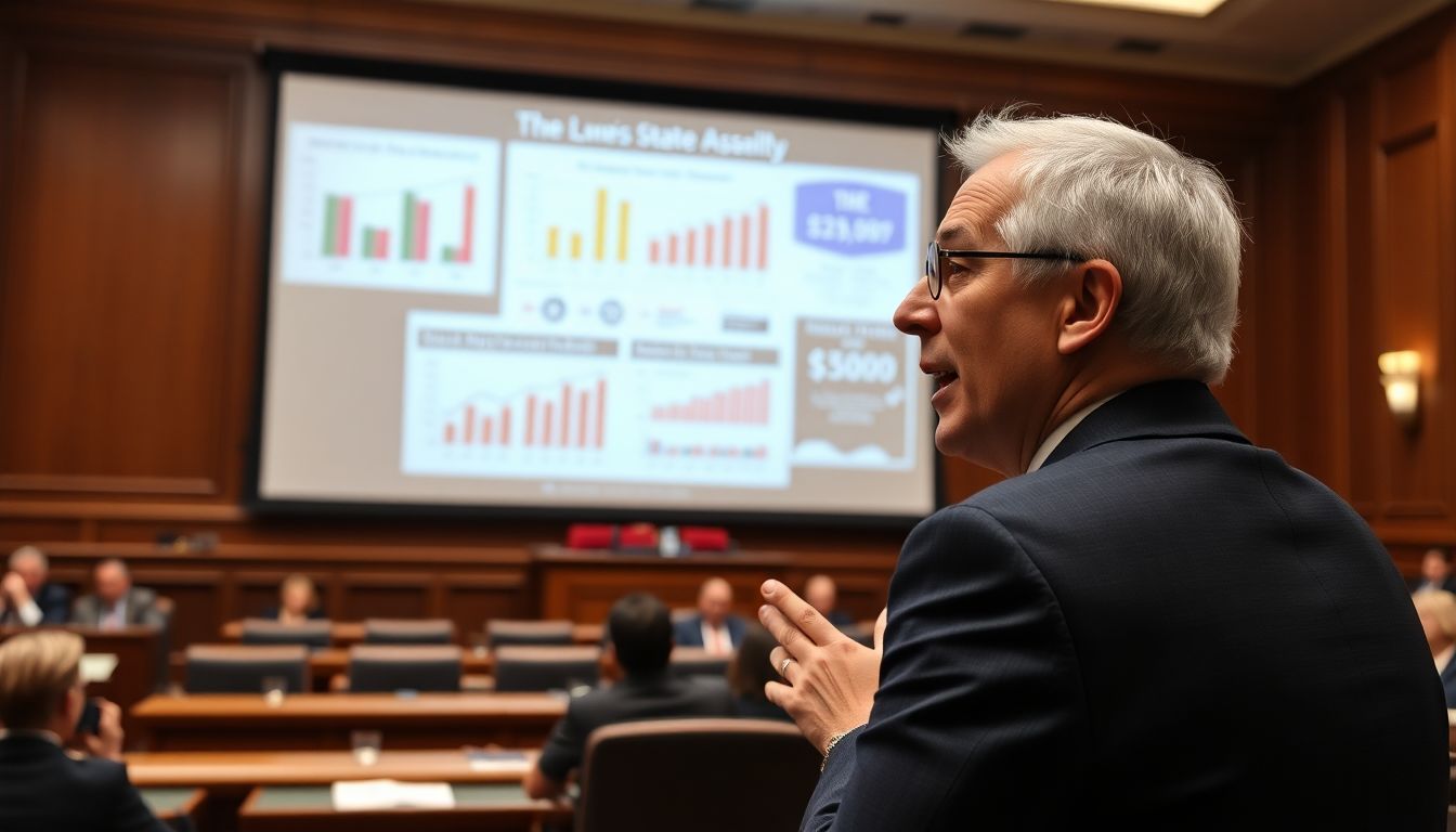 Create an image of the Illinois General Assembly in session, with a close-up of a legislator speaking passionately about the state budget. In the background, a projection screen displays graphs and charts illustrating the budget shortfall and other key issues.