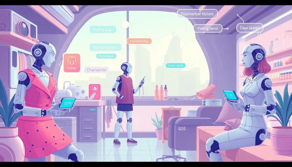 Illustrate a futuristic scene where AI chatbots are integrated into various aspects of daily life, including fashion, kitchen, and personal assistance.