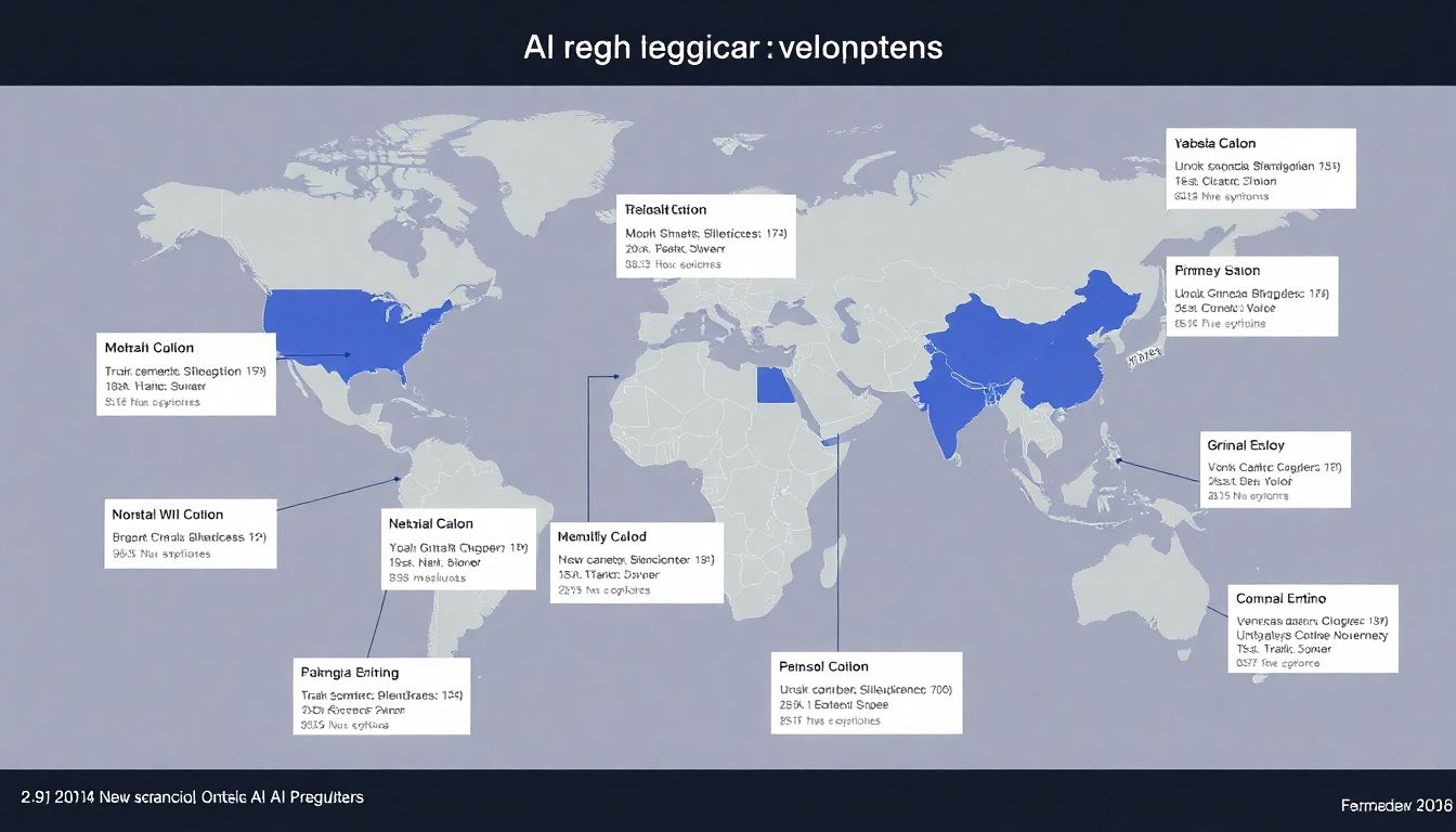 Illustrate a global map highlighting regions with significant AI regulatory developments and their key proposals.