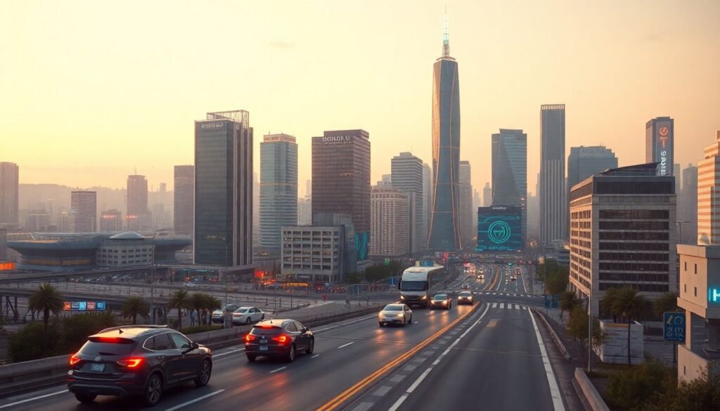 Create an image of a futuristic cityscape with AI-driven technologies integrated into daily life, such as autonomous vehicles, smart buildings, and AI assistants interacting with humans.