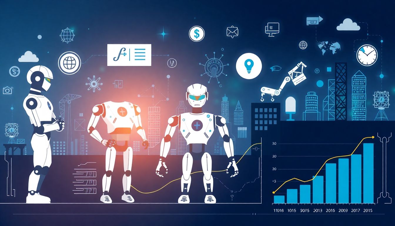 Design an image depicting AI-powered robots working in various industries like healthcare, finance, and manufacturing, with a graph showing market growth.