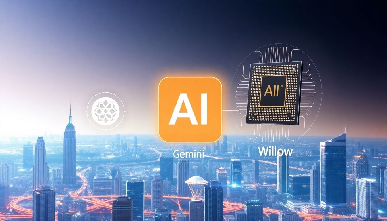 Design an image showcasing Google's AI innovations, including the Gemini AI model and Willow chip, with a futuristic cityscape in the background.