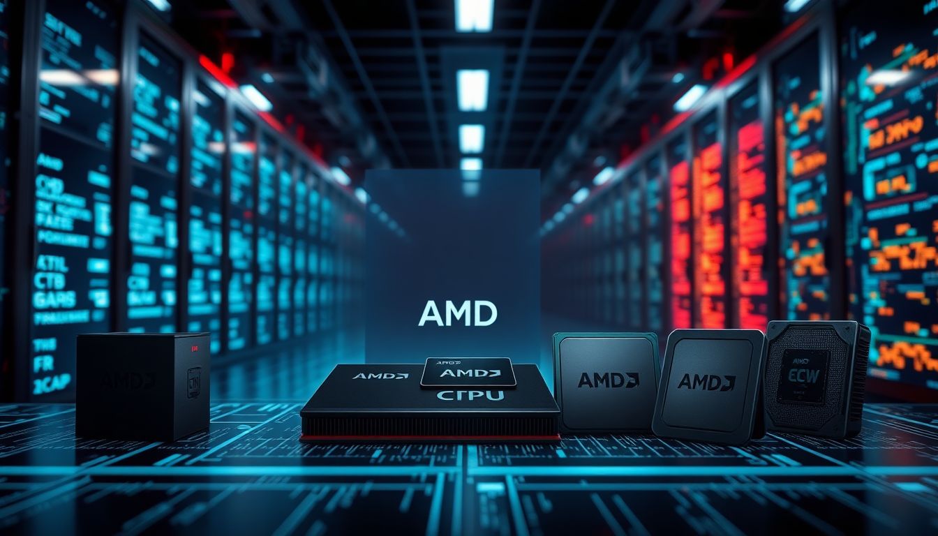 Create an image of AMD's advanced chip products, including GPUs and CPUs, with a backdrop of data centers and AI-powered applications.