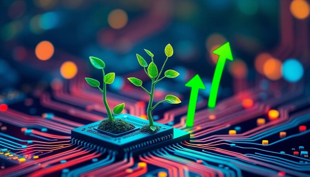 Create an engaging, vibrant image showcasing AI technology with a money tree growing from a computer chip, symbolizing investment growth, with green arrows pointing upwards to represent market growth.