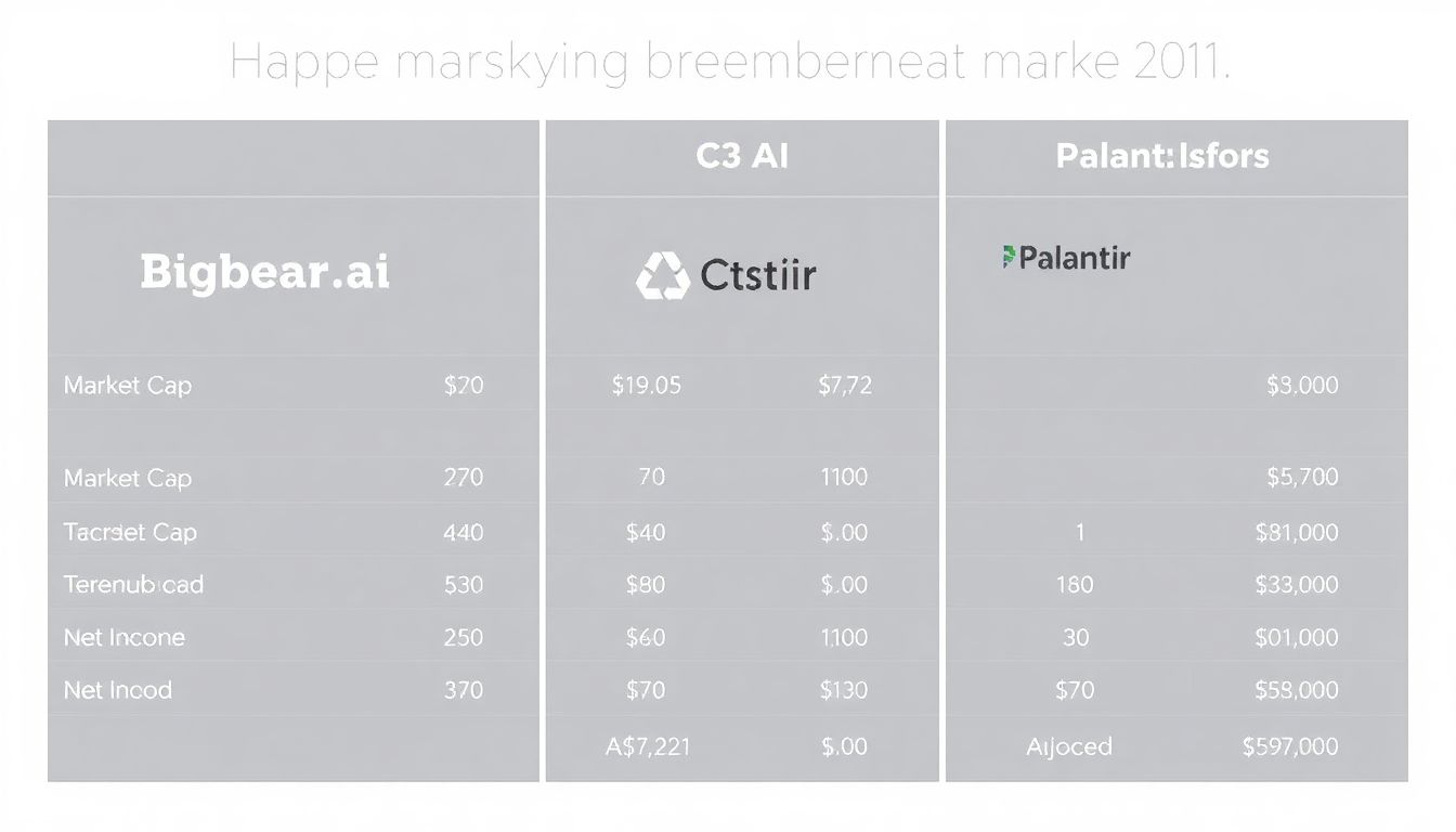 Design a comparison chart showing BigBear.ai, C3.ai, and Palantir Technologies with their market cap, stock performance, revenues, and adjusted net income.