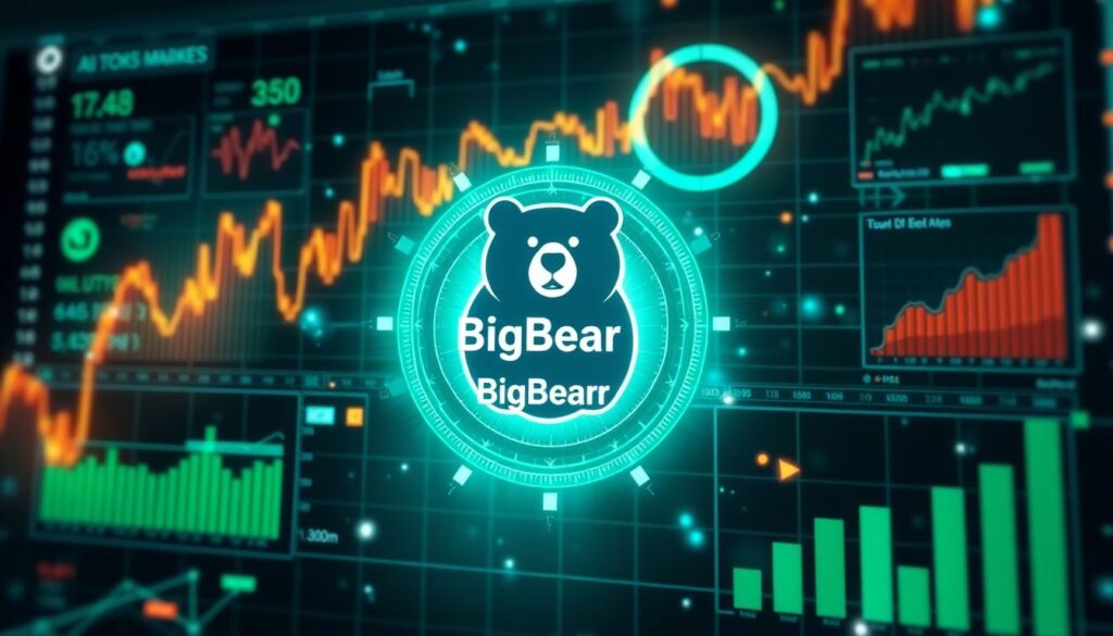 Generate an image of a futuristic AI stock market with BigBear.ai at the center, surrounded by data analytics and growth charts.
