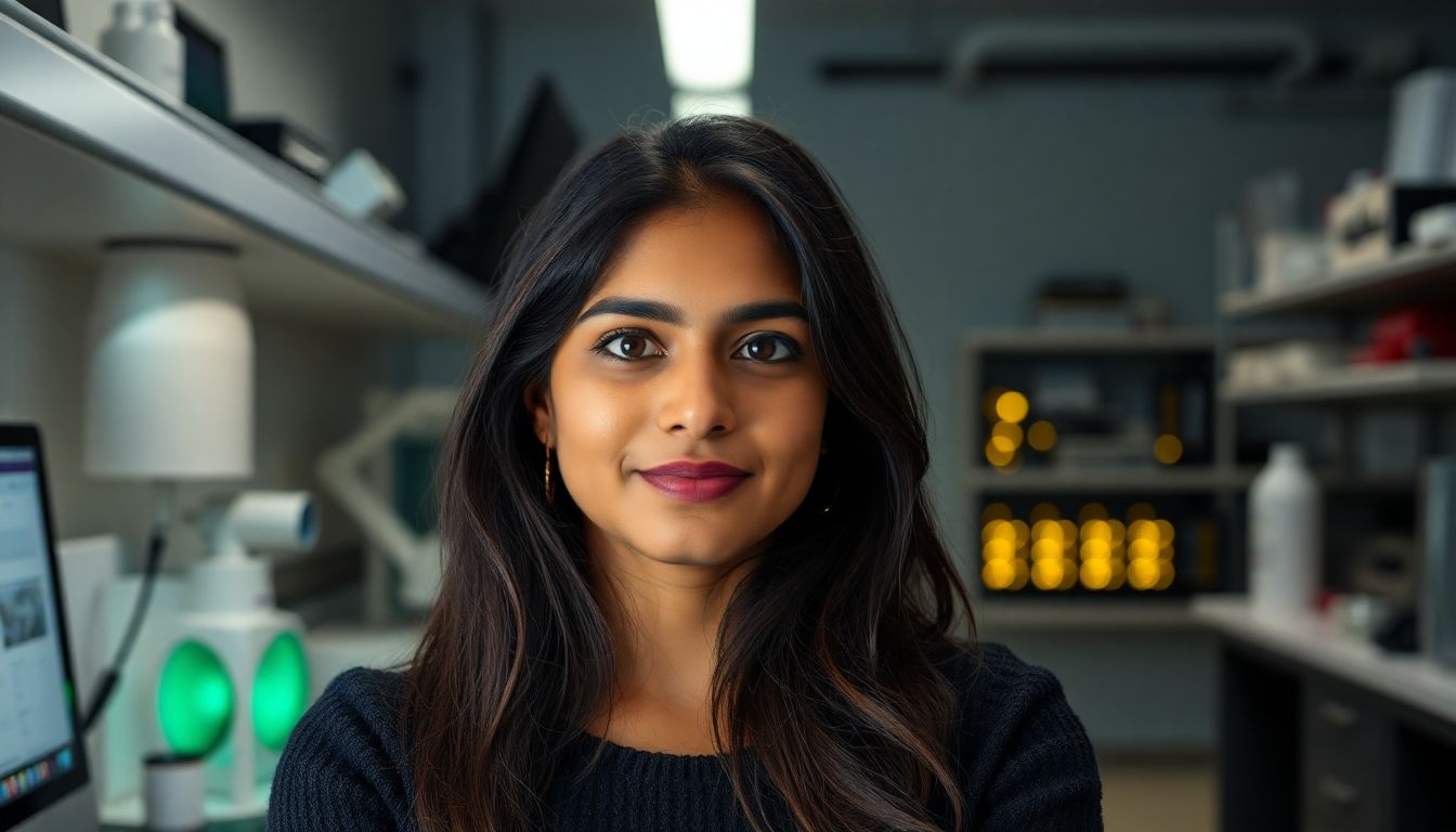 Create an image of Pallavi Tiwari in a laboratory setting, working on AI models with a team of researchers.