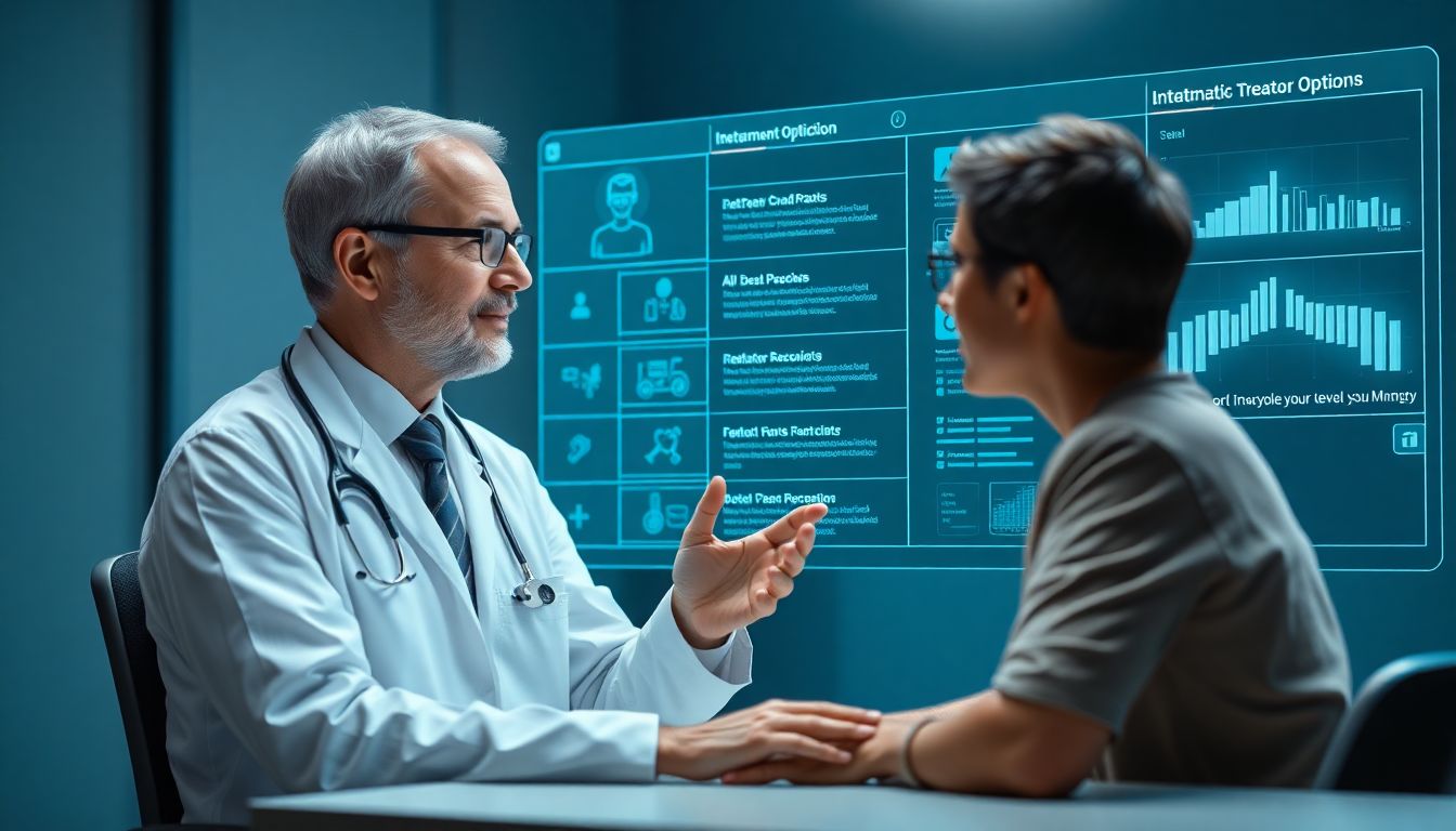 Create an image of a doctor consulting an AI interface while discussing treatment options with a patient.