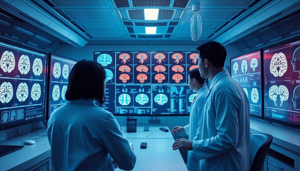Generate an image of a futuristic medical laboratory with researchers analyzing brain scans using advanced AI algorithms, surrounded by screens displaying data and models.