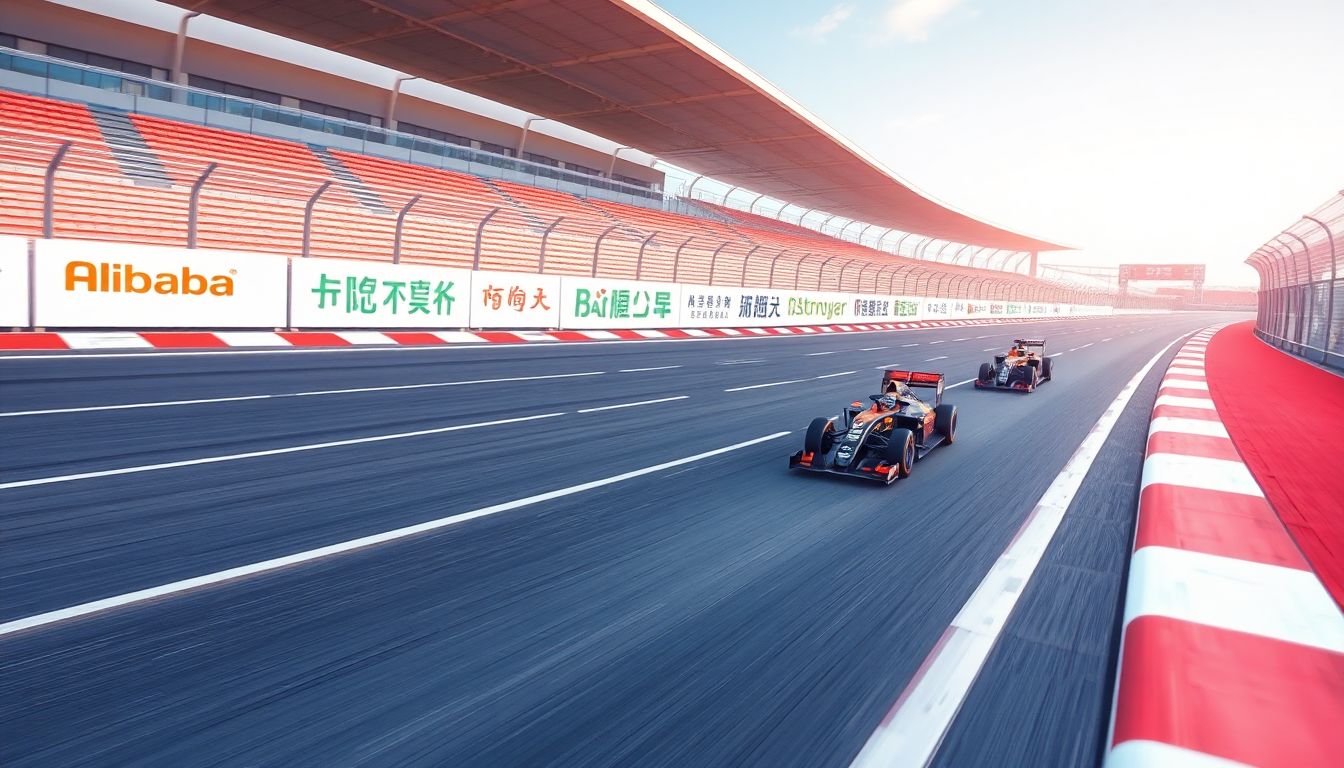 The AI Race in China Design an image of a race track with logos of major Chinese tech companies like Alibaba, Tencent, Baidu, and others competing.