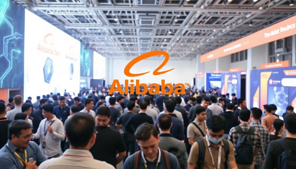 Alibaba Slashes Prices on Large Language Models by Up to 85% as China AI Rivalry Heats Up Generate an image of a bustling tech conference with Alibaba's logo prominently displayed, surrounded by attendees engaged with AI technologies.